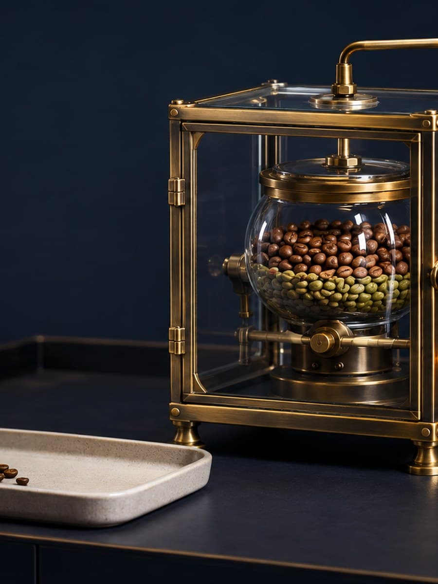 A glass vessel of dark roasted pieces sits inside a brass frame connected to an amber lamp, with an empty ceramic inspection tray outside.