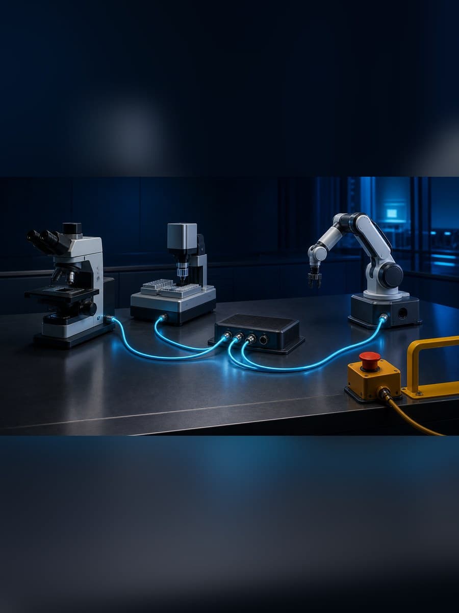 A generic microscope, liquid-handling deck, and idle robotic arm connect by blue cables to a central hub beside a separate red emergency-stop button and amber safety rail.