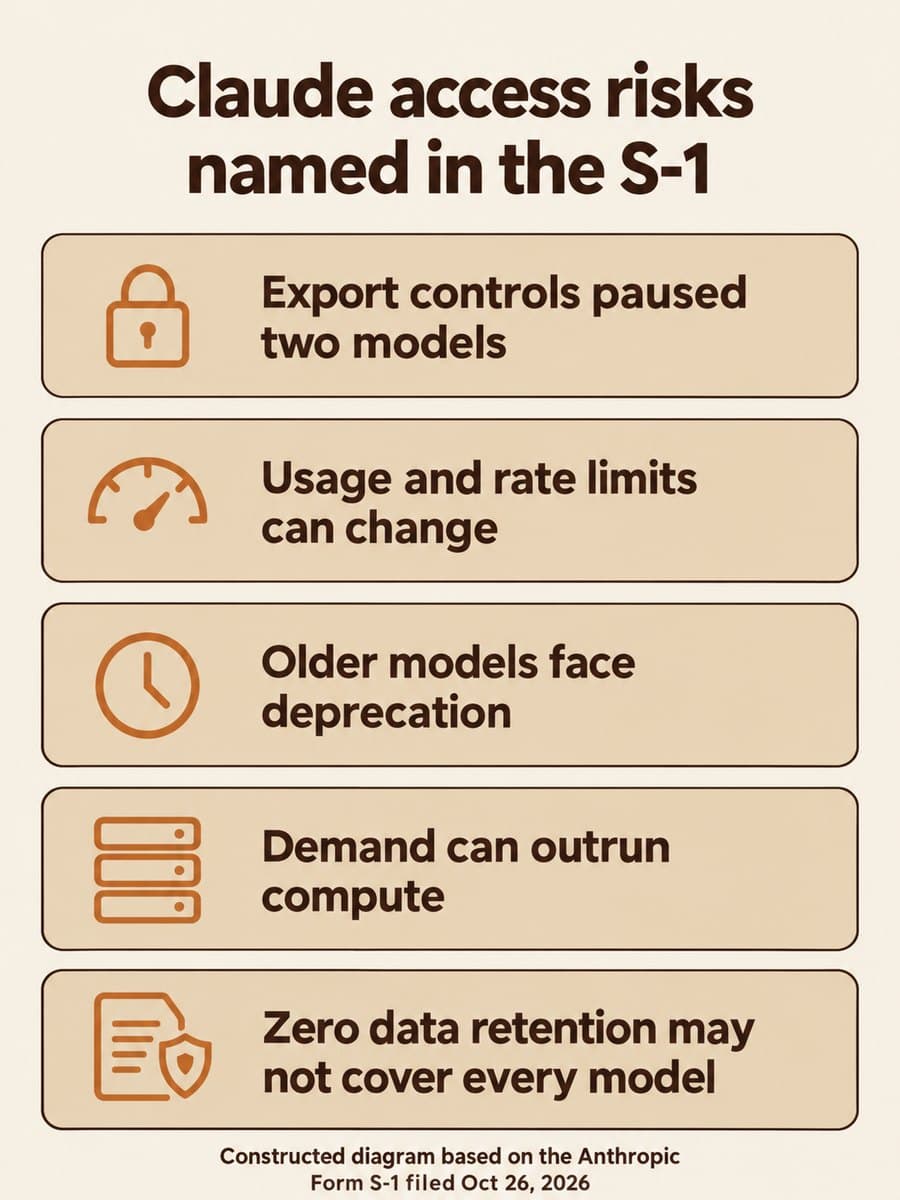 Diagram titled Claude access risks named in the S-1, with five panels: Export controls paused two models; Usage and rate limits can change; Older models face deprecation; Demand can outrun compute; Zero data retention may not cover every model.