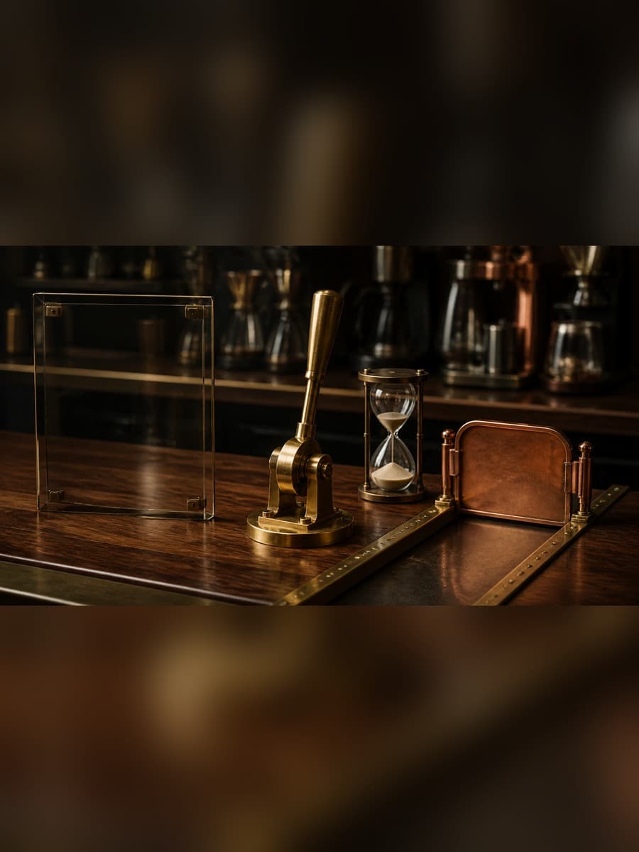 An empty brass approval lever stands between a dim browser-shaped glass frame and a closed copper gate, with an hourglass beside the lever.
