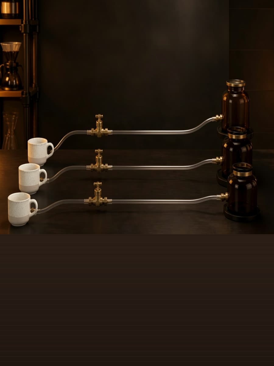 Three white ceramic vessels connect through separate clear tubes and brass valves to three amber glass reservoirs on a dark workbench.