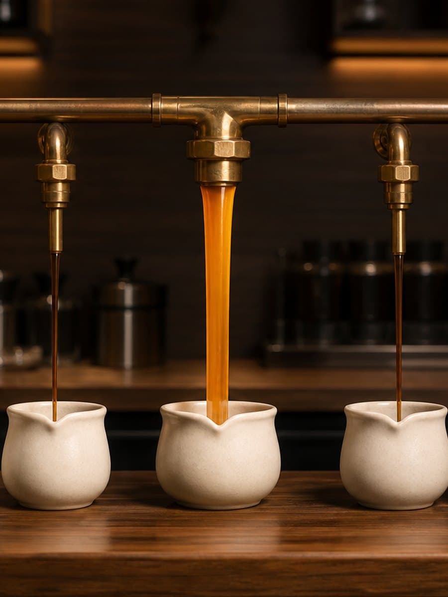 Seven cream ceramic vessels sit under separate brass spouts; the centered vessel receives a much thicker amber stream than the other six.