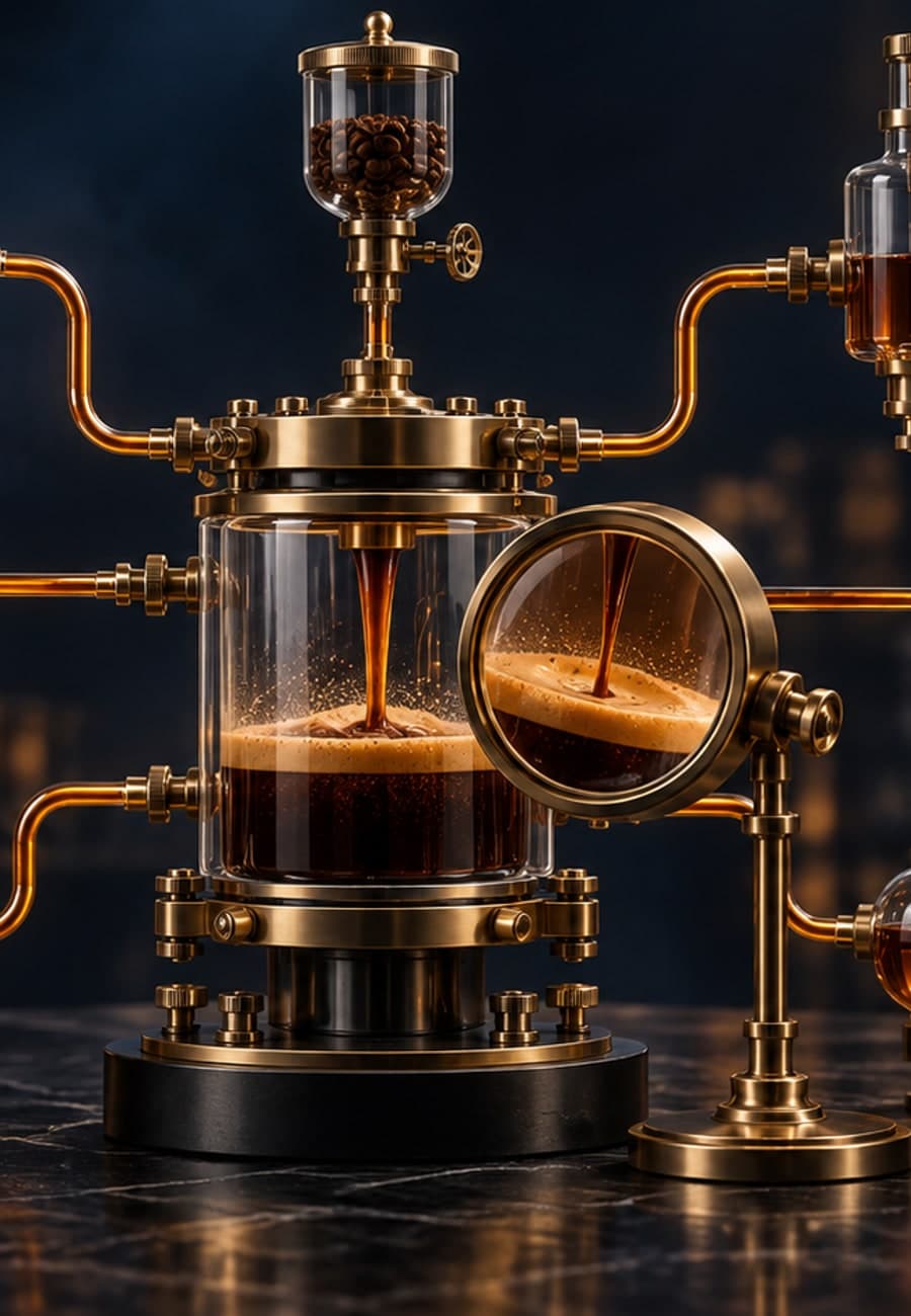Seven brass tubes connect small laboratory vessels to a central glass chamber filled with dark liquid under an observation lens.