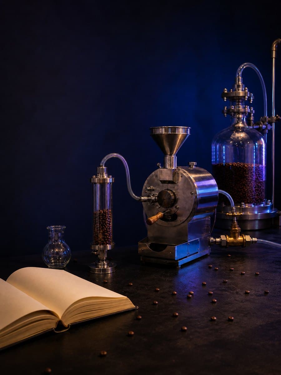 A blank open book, narrow glass chamber filled with dark brown pellets, metal processing vessel, brass valve, and larger glass vessel sit separately on a dark laboratory bench.