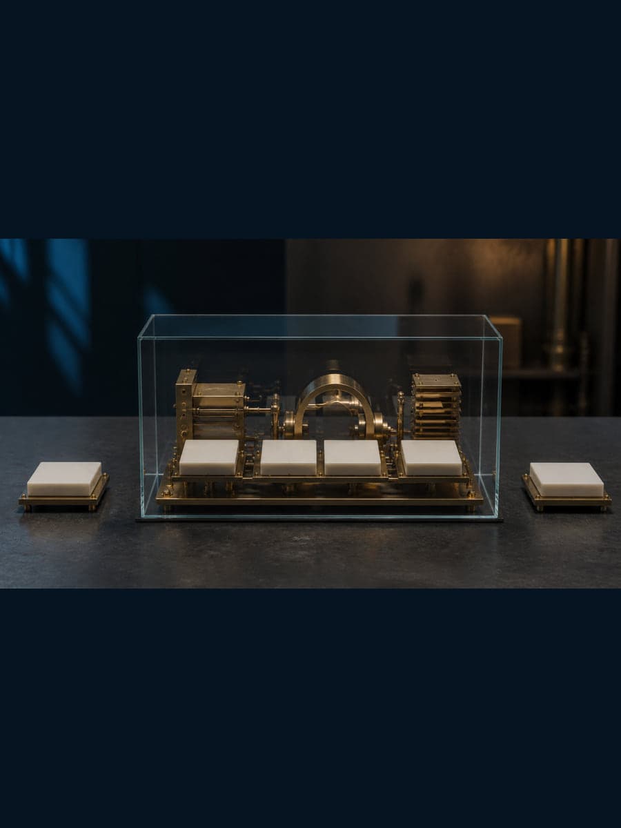 Four blank white ceramic modules and an idle brass apparatus sit inside a clear rectangular case while two matching modules remain outside.