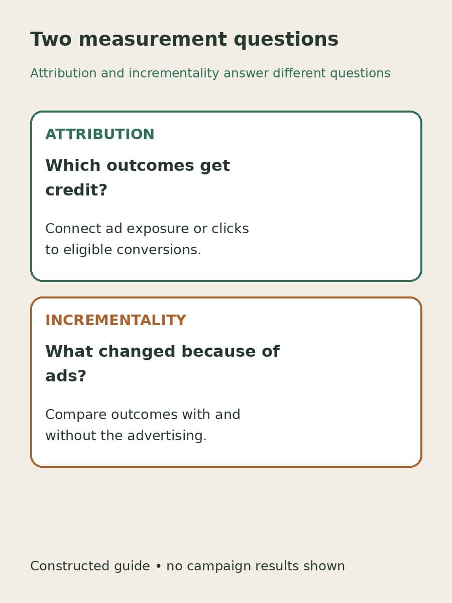 Constructed comparison separates attribution, which assigns conversion credit, from incrementality, which asks what changed because of advertising.