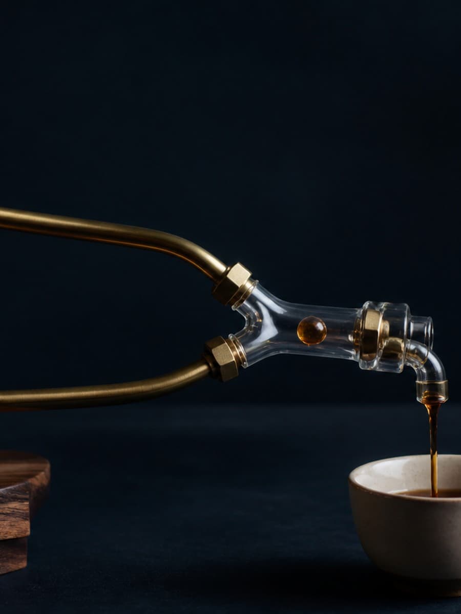 A fluted dark funnel and a sealed brass vessel connect through separate pipes to one glass junction above a ceramic bowl.