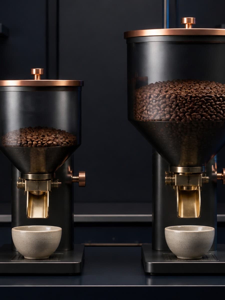 Two unmarked metal dispensers of different capacities stand above two empty ceramic vessels on a dark laboratory workbench.