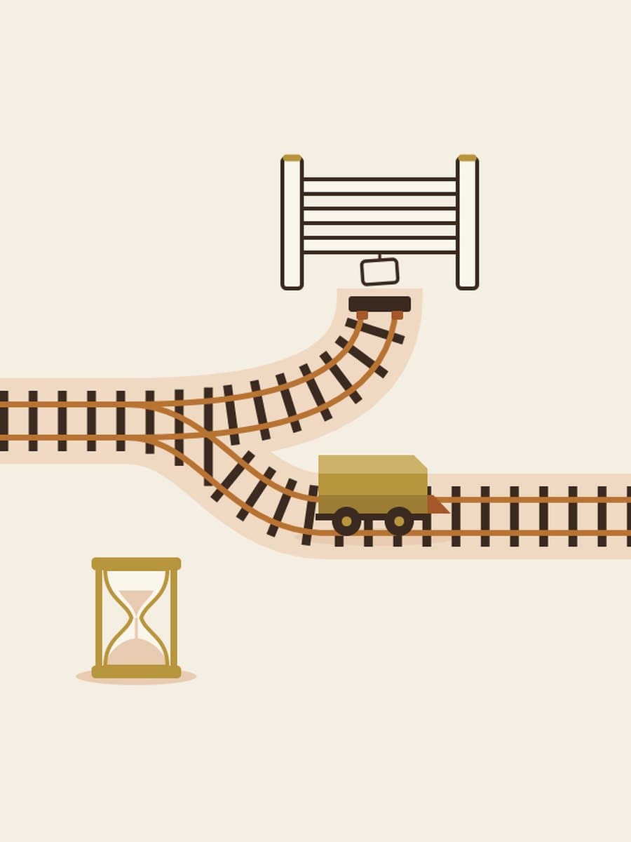 Flat illustration of a copper railway splitting at a switch: the upper branch stops at a buffer beneath a closed cream gate with a blank tag, while a brass cart continues along the lower branch, with a brass hourglass nearby