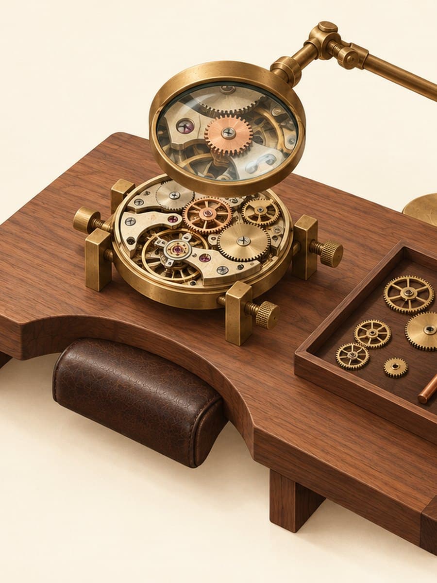 Editorial illustration of a small wooden repair bench where a brass magnifying loupe on an articulated arm hangs over an open brass clockwork movement, with a tray of loose gears and copper tools beside it.