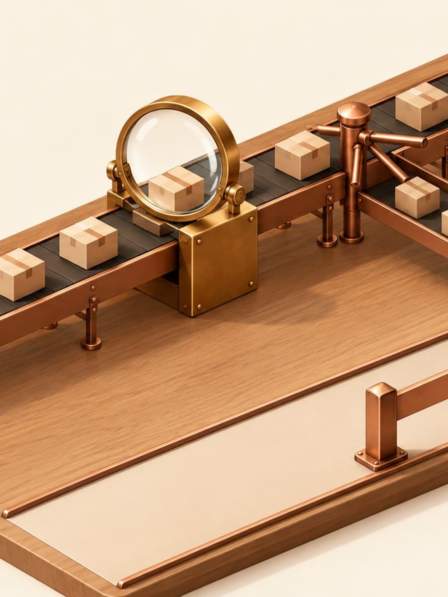 Isometric illustration of a conveyor on a wooden workbench: small parcels pass a brass magnifying lens, most continue through a copper turnstile, a few divert to a tray ending at a desk bell, and a separate bypass lane is closed by a copper barrier arm.