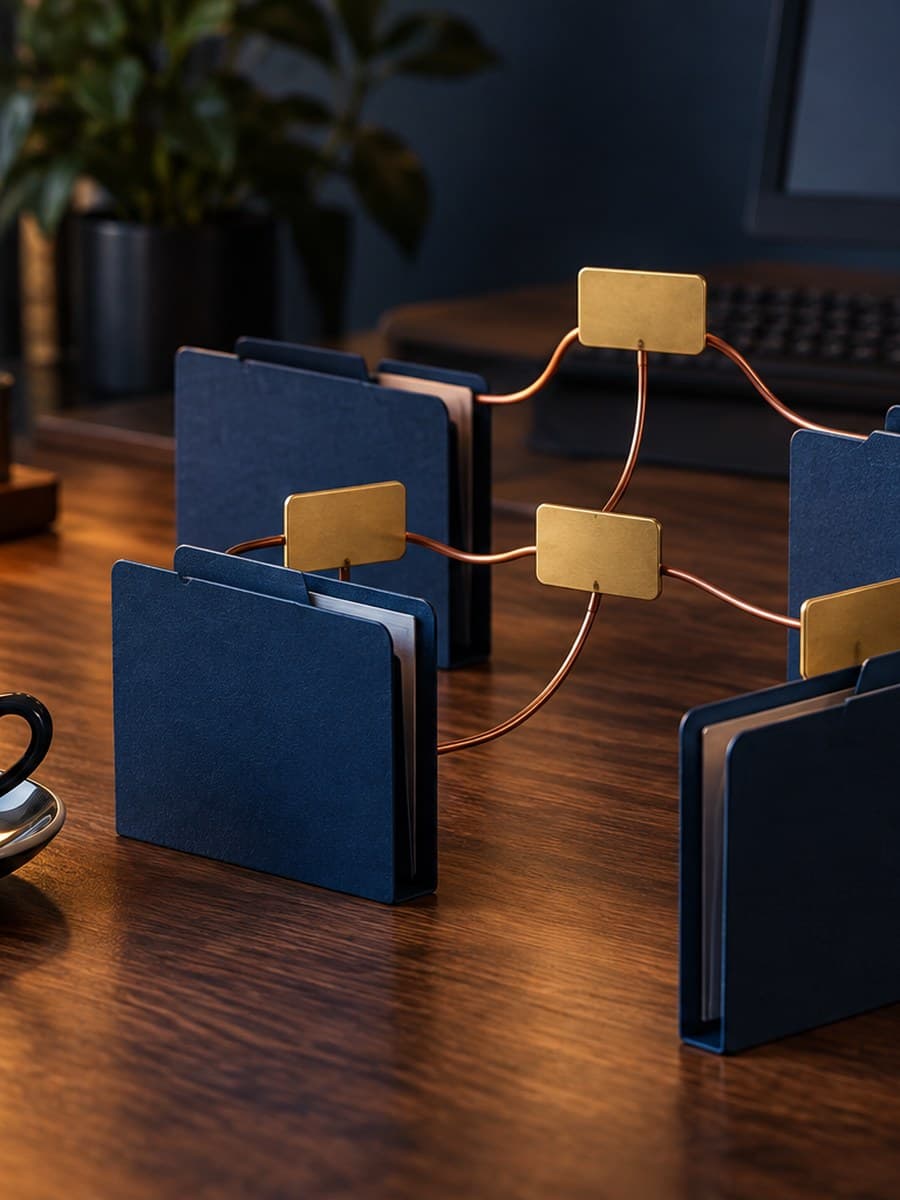 A dark drink beside unlabeled navy folders linked by copper wires and blank brass tabs on a workbench.