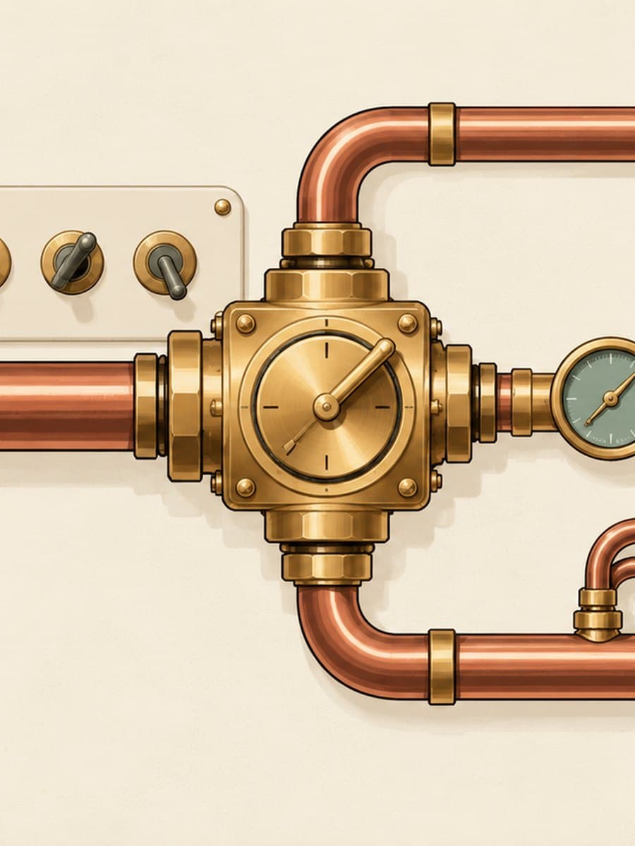 Flat illustration of a copper pipe entering a brass routing valve with a three-position dial; one channel leaves directly, one passes a gauge and forks into two, and one has a small loop of side pipe joining back in, with a cream panel of brass toggles behind