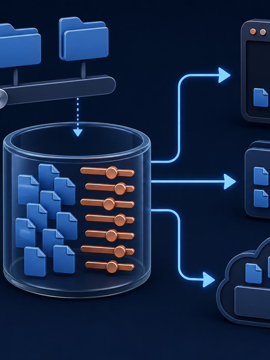 A constructed diagram routes blue repository-fact tiles and copper preference controls from one central store to three distinct work surfaces.