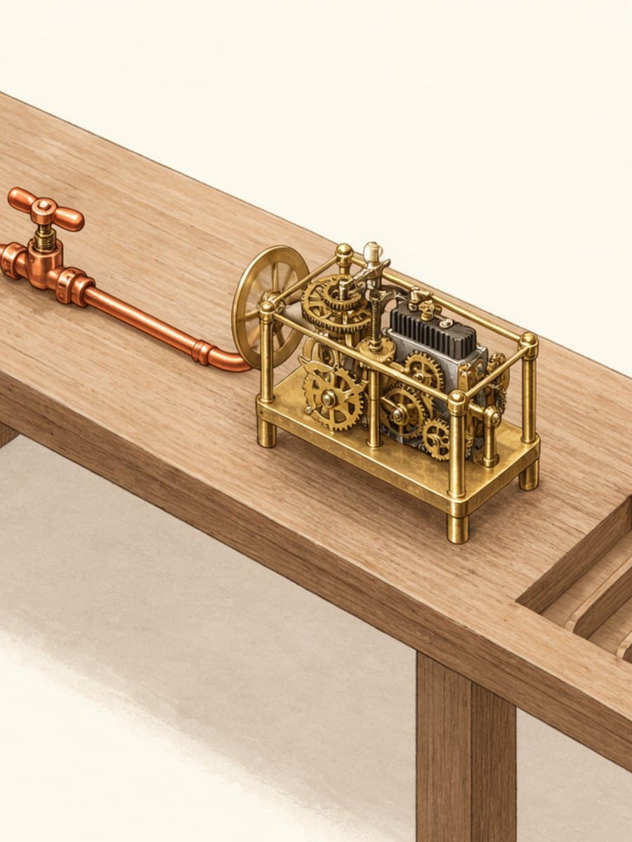 Illustration of a brass clockwork mechanism on a wooden workbench, fed through a copper pipe and valve from a copper supply tank, with two copper wrenches in tool slots.
