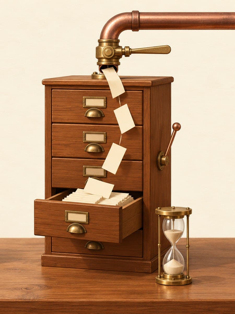 Illustration of two wooden card-catalog cabinets on a desk, each fed by a copper pipe: the left cabinet's brass valve is closed and its drawers are shut, while the right cabinet's valve is open and paper slips fall into an open drawer beside a brass hourglass.