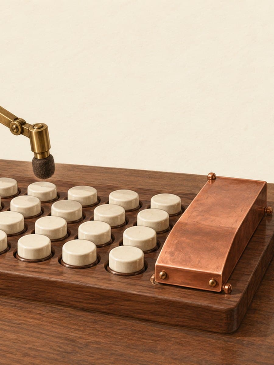 Brass mechanical arm with a stylus over a walnut board of cream keys, one column of keys under a closed copper guard, and a brass desk bell beside it
