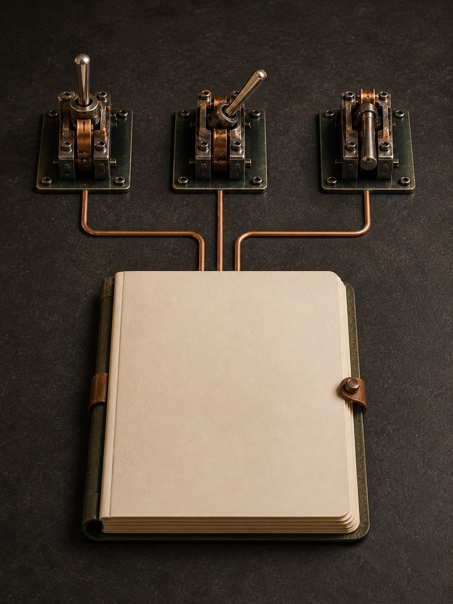 Three unlabeled mechanical switches connect by copper traces to a blank paper ledger on a charcoal workbench.