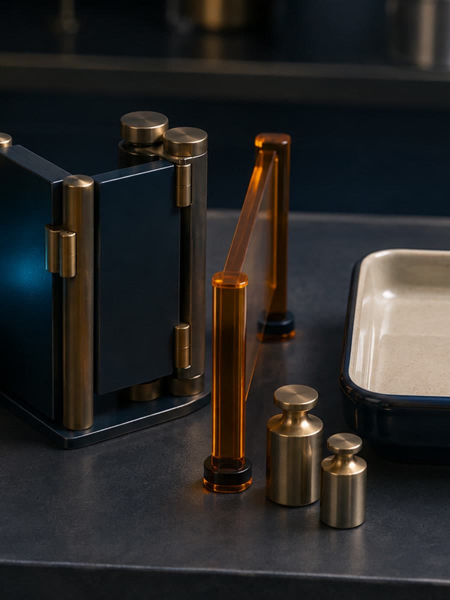 A brass inspection instrument faces a closed metal gate between dark samples and an empty ceramic tray on a laboratory bench.