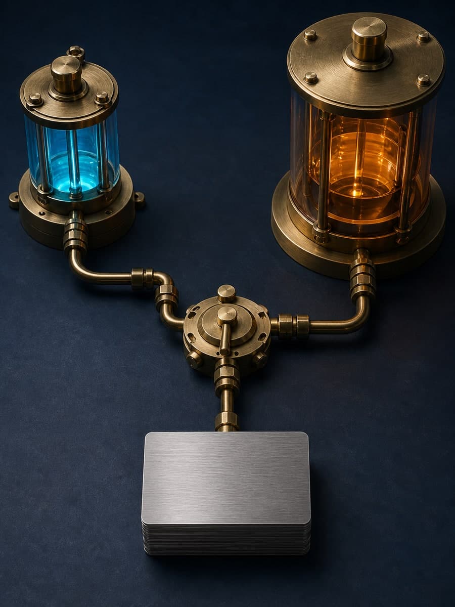 A stack of blank metal cards sits below an unmarked brass selector connected to a compact cyan chamber and a larger amber chamber on a dark workbench.