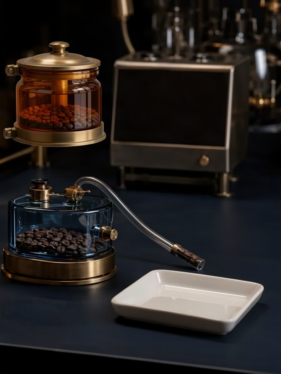 A sealed amber specimen vault sits outside a glass sampling path that carries an open blue vessel toward an empty ceramic tray.