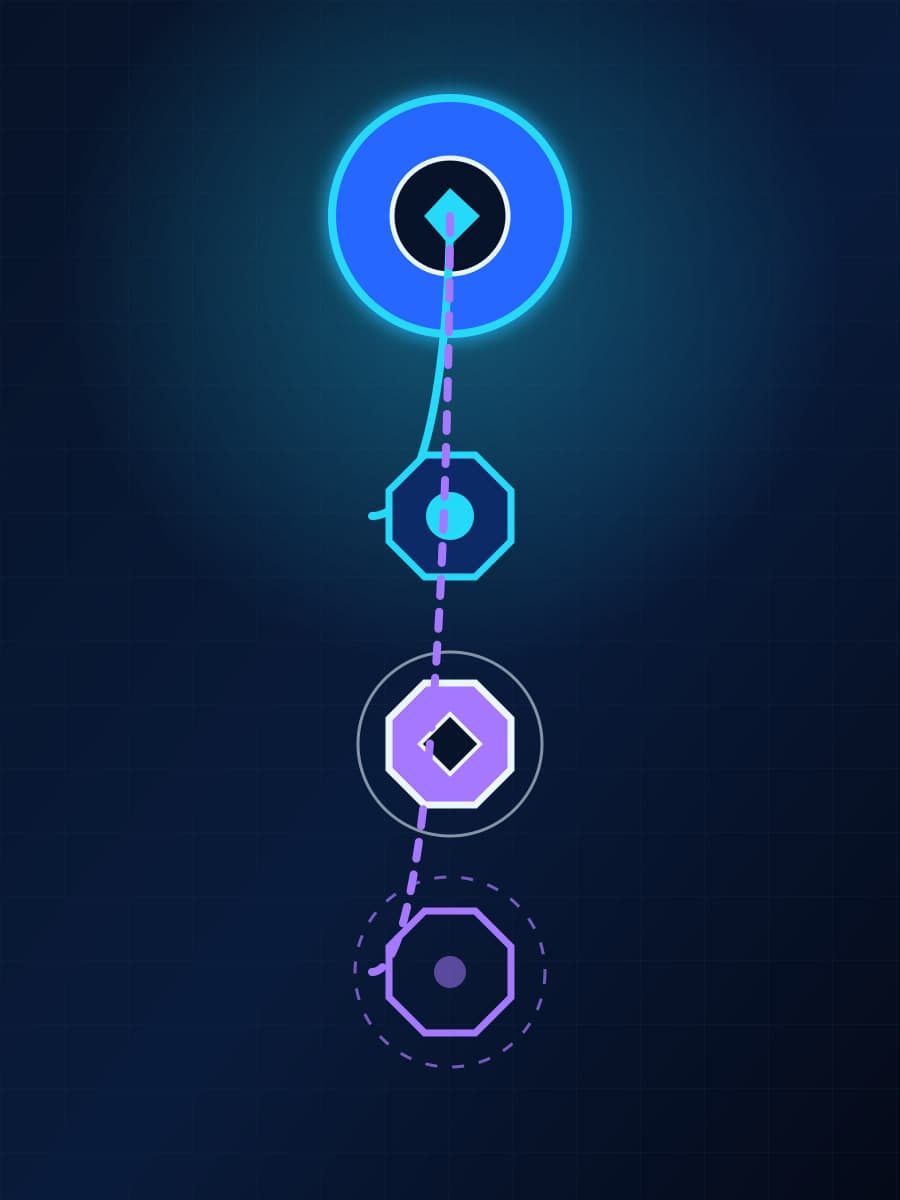 Abstract technical diagram of one cobalt global source branching to a connected inherited state, a separate explicit state, and one unresolved dashed branch.