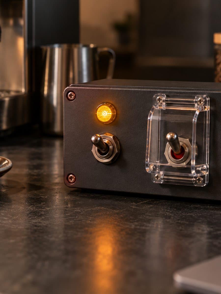 Two unmarked switches on a workbench beside a brown ceramic vessel; one switch sits beneath a clear protective cover.