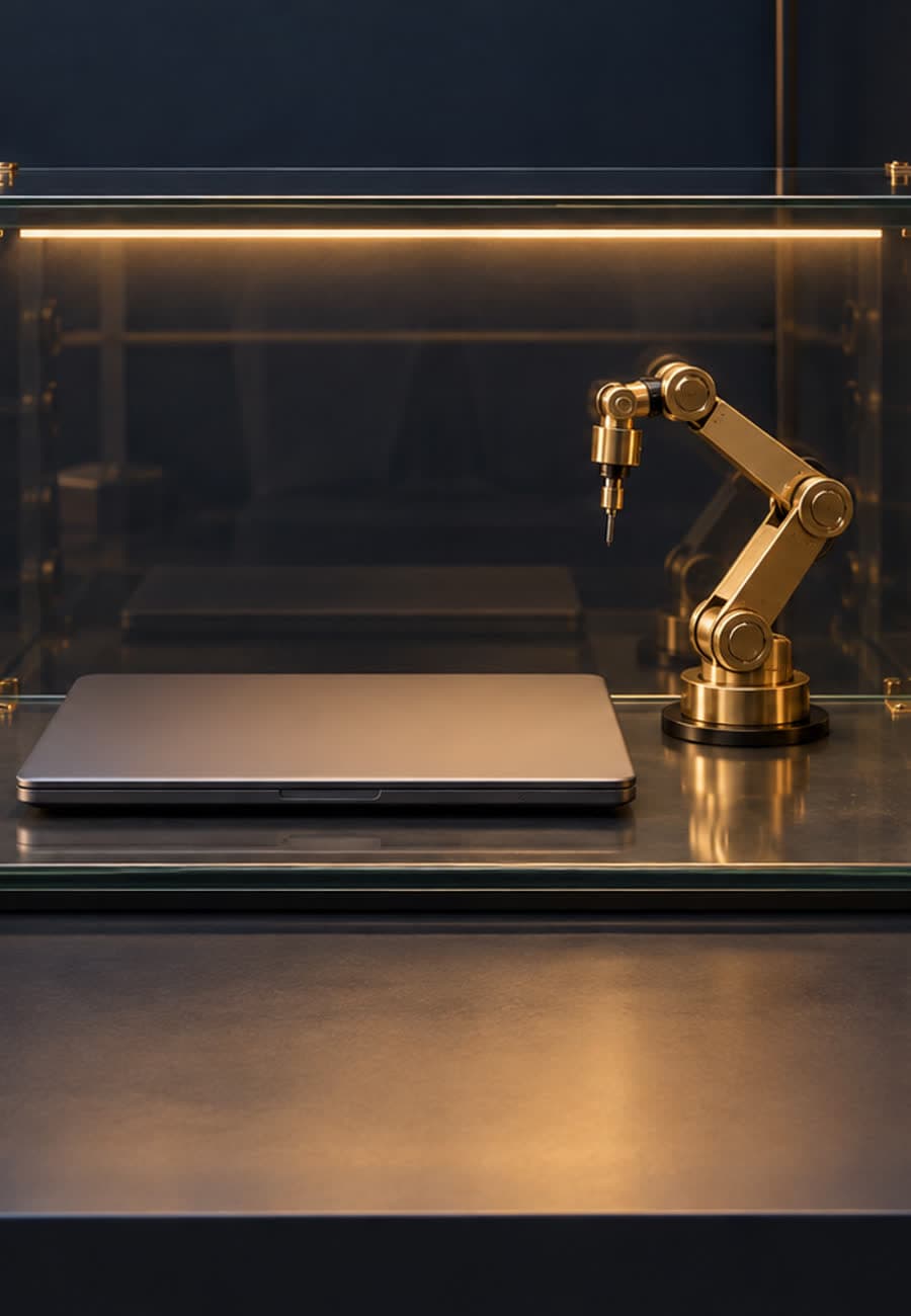 A closed laptop and brass tool arm sit inside a clear enclosure, with external hardware connected through separate ports.