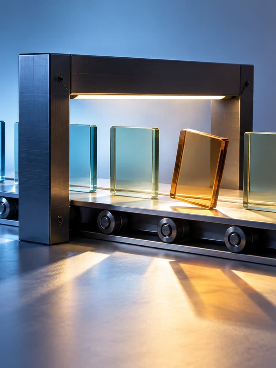 A row of unmarked glass tiles passes through an inspection gate; one amber tile is tilted out of alignment.