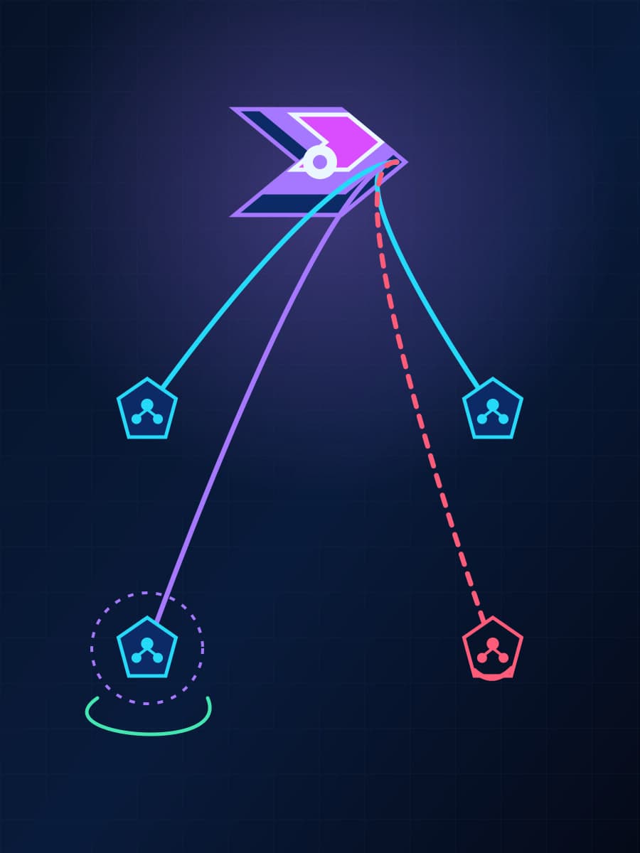 Abstract technical diagram of a layered violet agent definition distributing to selected repository constellations, with review and withdrawal states shown separately.