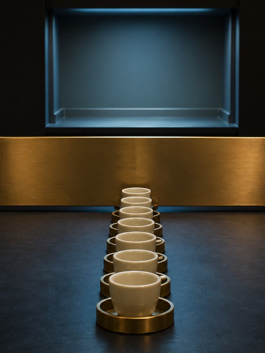 A row of empty white handled ceramic vessels waits in brass holders before a closed brass gate and an empty illuminated bay.