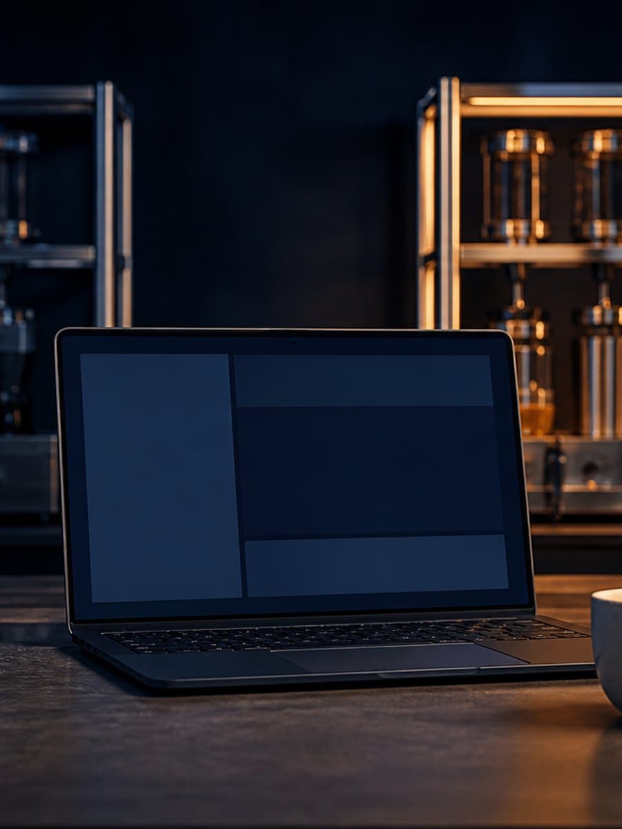 A dark laptop with a blank screen sits in front of two separate metal equipment racks, one lit warm amber and the other lit cool blue.
