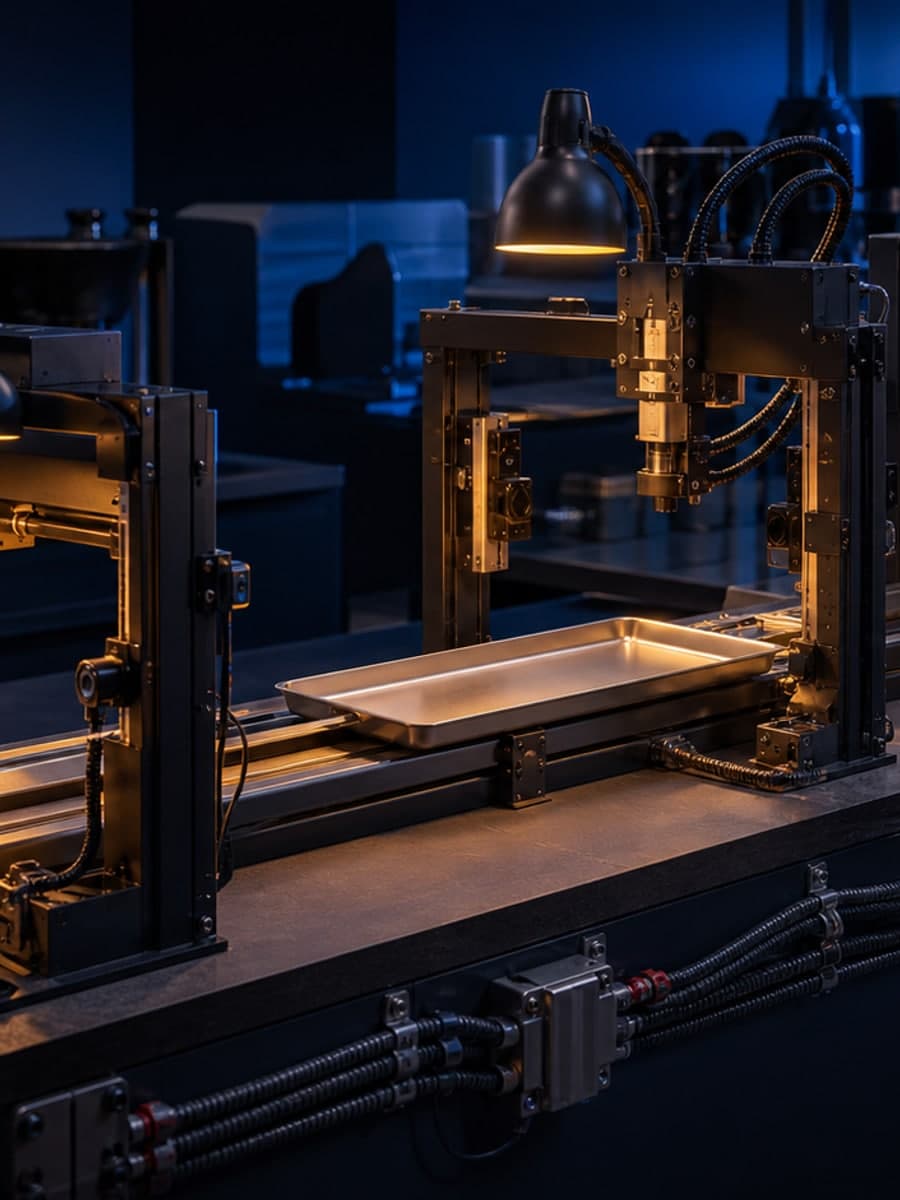 A blank metal tray follows rails through two separate machine frames toward a closed cabinet on a dark industrial workbench.