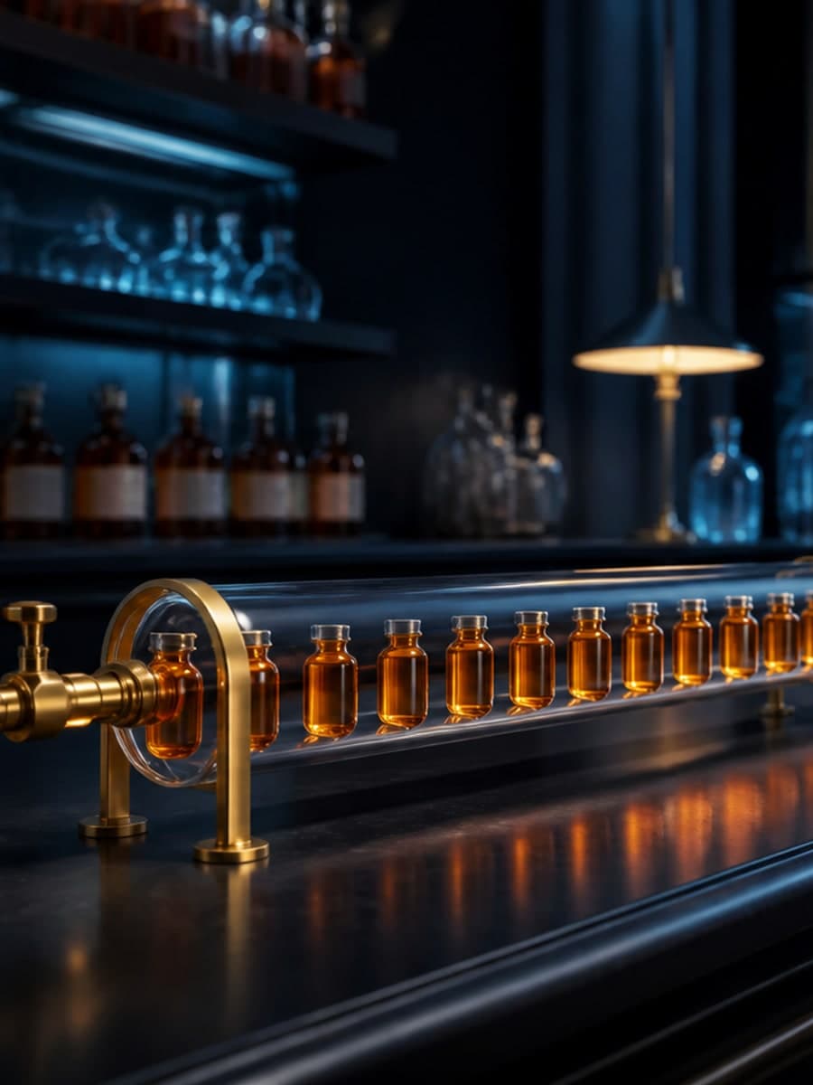 A short glass reservoir connects to a long transparent tube containing a row of blank amber vials on a dark laboratory workbench.