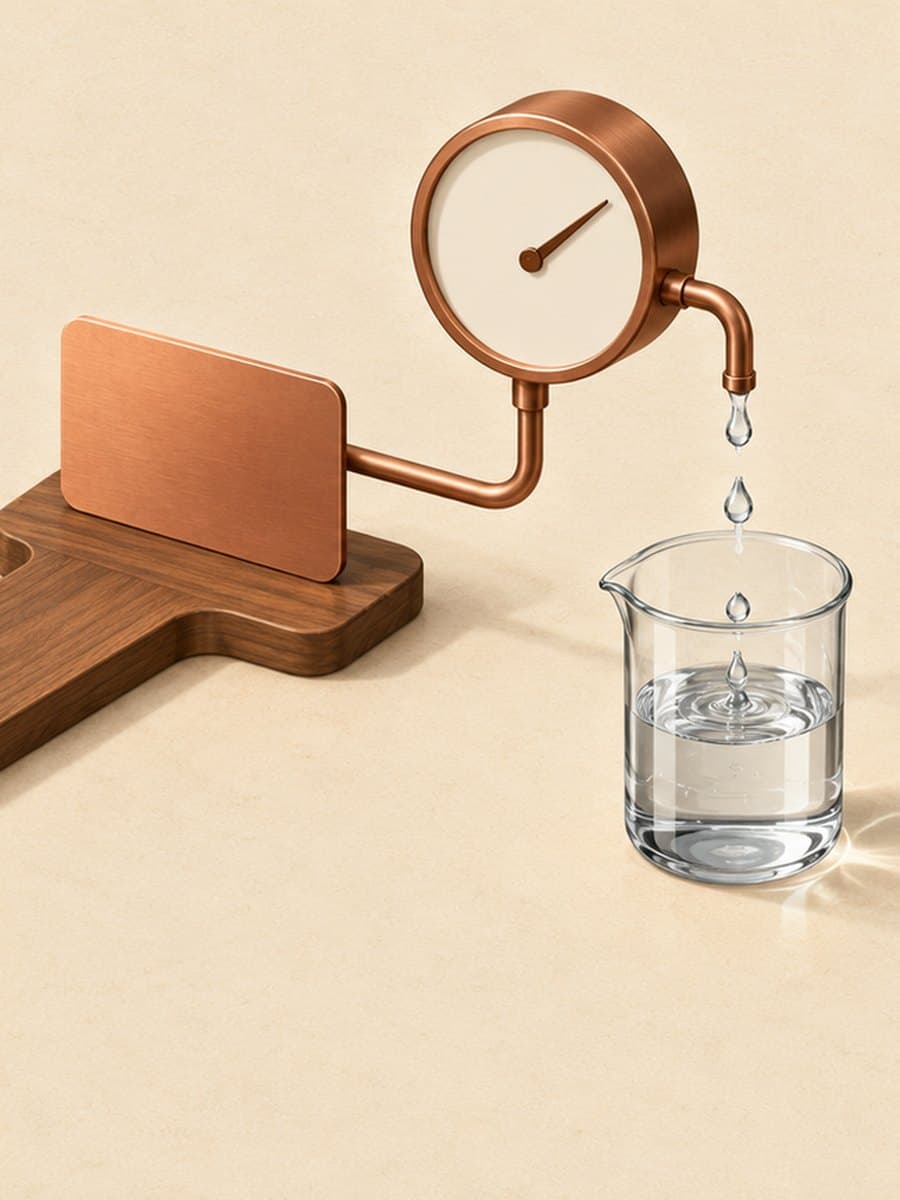 Illustration of a wooden path on a desk that forks in two: on the left, a banded stack of blank copper cards held by a linen band with a small sealed copper canister on top; on the right, a single blank copper card connected by a copper pipe to a round analog meter that drips clear water into a glass beaker.