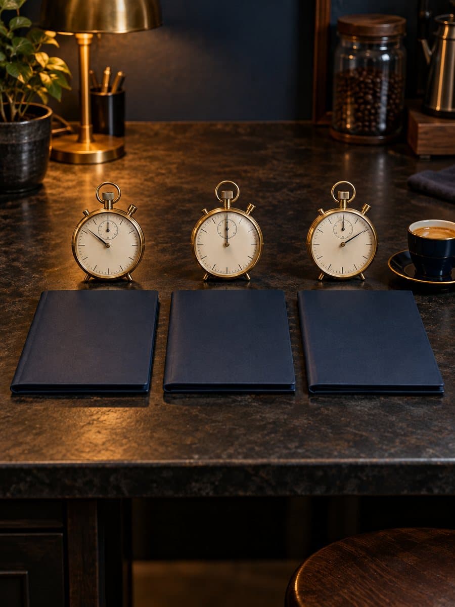 Three unmarked brass timers above three closed navy folders on a dark workbench, with a drink nearby.