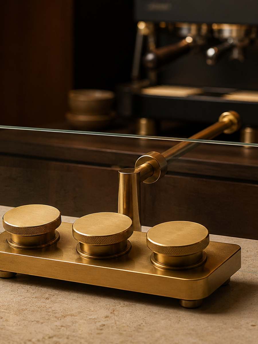 An unlabeled three-dial brass instrument sits in front of a glass partition, with a brewing machine and two cream vessels behind it.