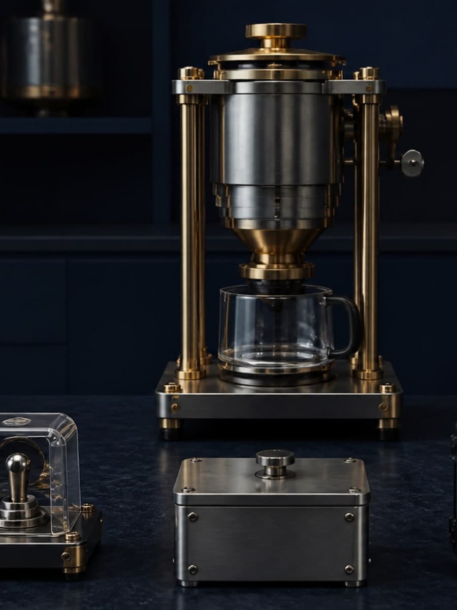 A brass-and-steel apparatus stands behind a covered toggle, a closed metal box, and a black case on a dark workbench.
