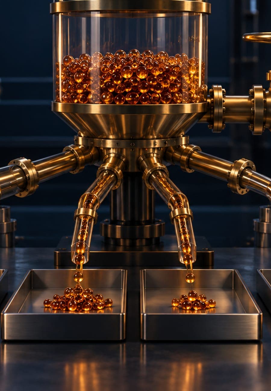 One glass reservoir of amber tokens feeds four brass metering channels, with one channel drawing more beside a master shutoff valve.