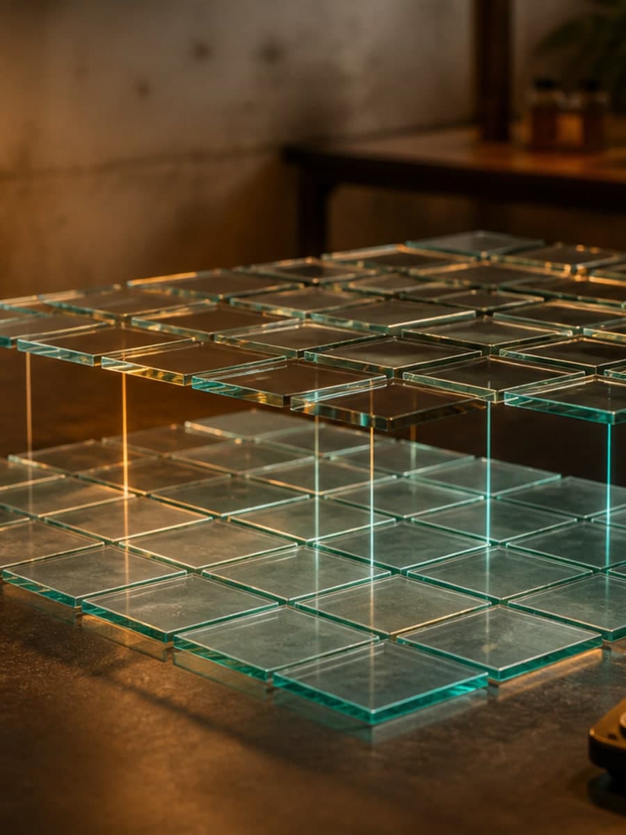 Two blank grids of translucent glass tiles are suspended one above the other on a dark workbench.