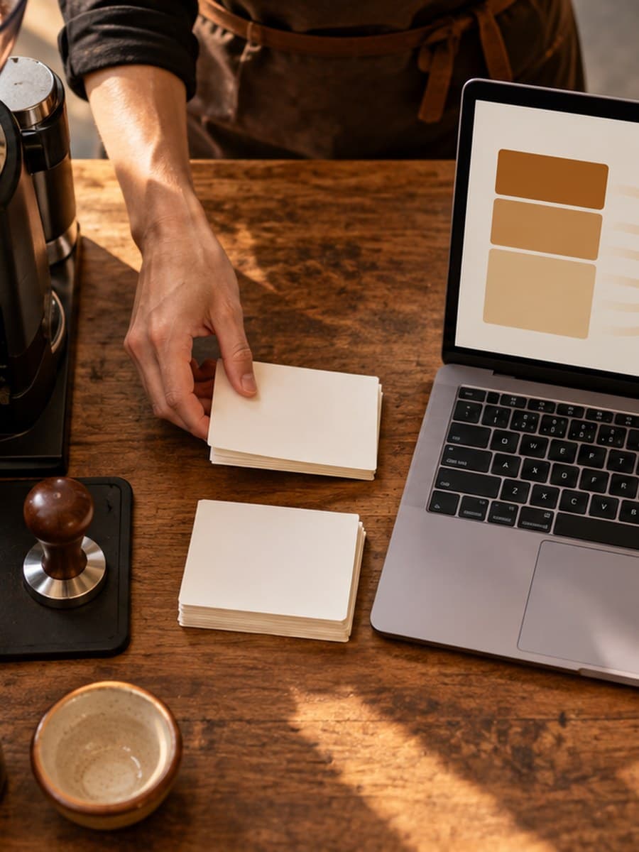 A worker places blank cards beside a grinder and a laptop with abstract color blocks.