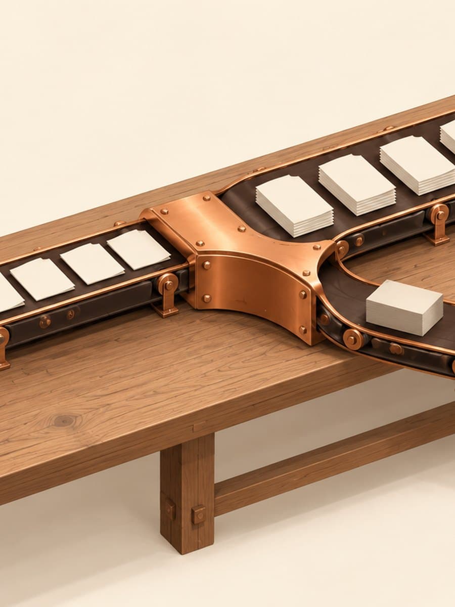 Isometric illustration of a conveyor on a wooden workbench: a stream of small paper documents reaches a copper junction and splits into a lane of many light documents and a lane of a few heavier blocks.