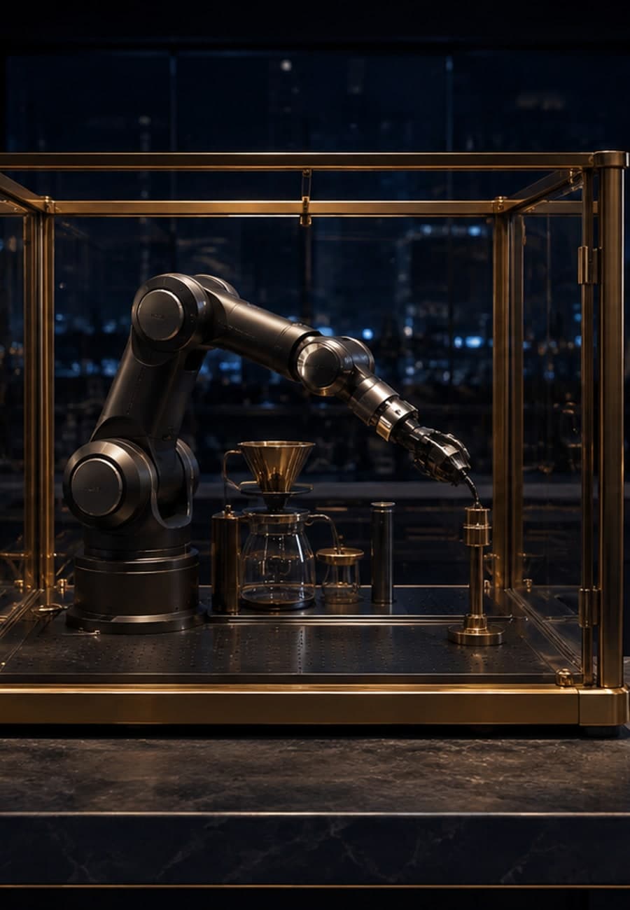 A robotic laboratory arm pauses inside a brass and glass work cell while a sealed sample canister remains beyond its reach.