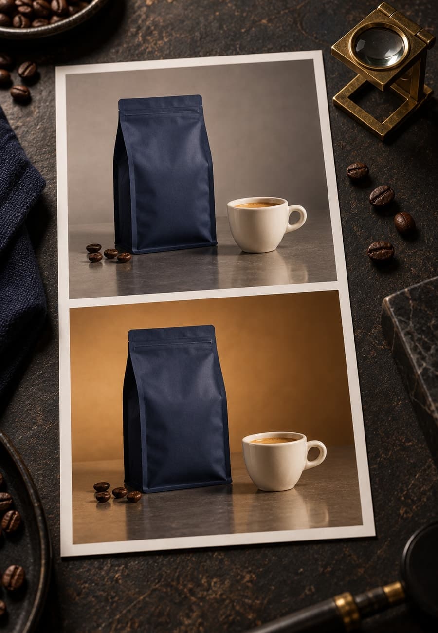 Two photo proofs on a dark workbench show the same navy package and cream ceramic vessel against gray and amber backgrounds, with a brass loupe nearby.