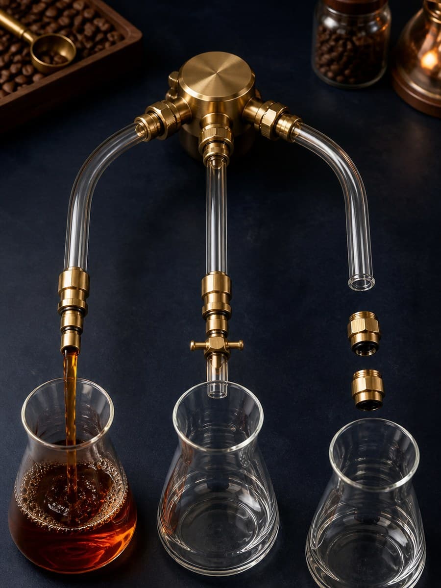 A brass hub feeds three glass channels: one pours amber liquid, one ends above an empty beaker, and one stops beside loose fittings and an empty beaker.