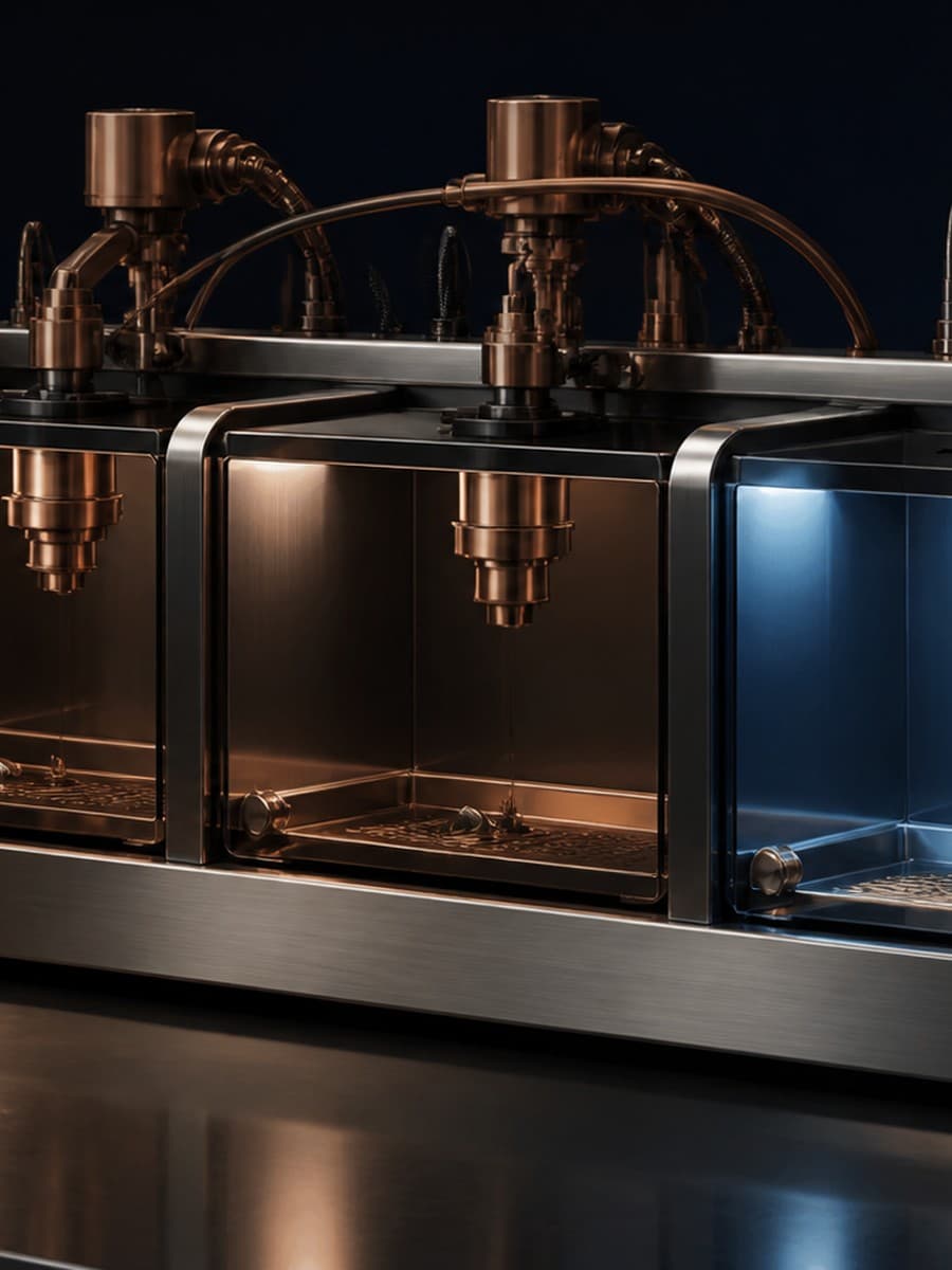 A single dark metal workstation has three adjacent empty tool bays, two lit in copper and one lit in blue.