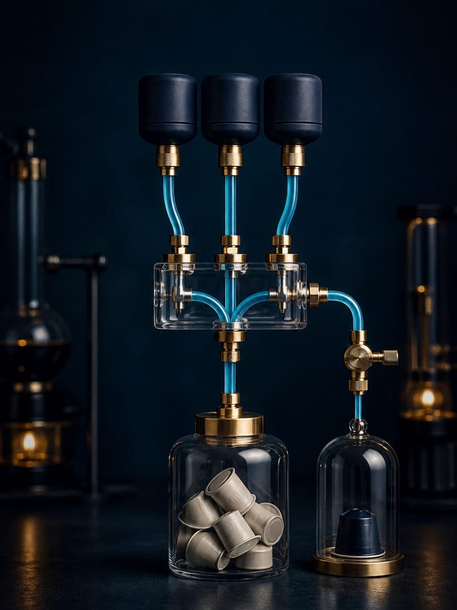 Dark package boxes and black capsules connect by blue tubes to a central glass routing chamber, which connects to separate glass vessels holding light and dark capsules.