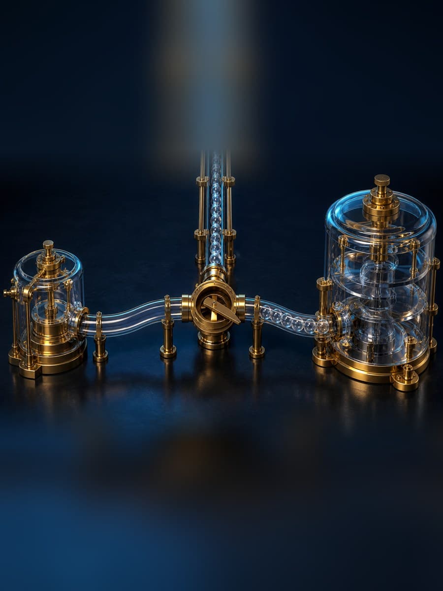 A brass junction directs clear glass spheres from one vertical track into the right of two transparent processing chambers.