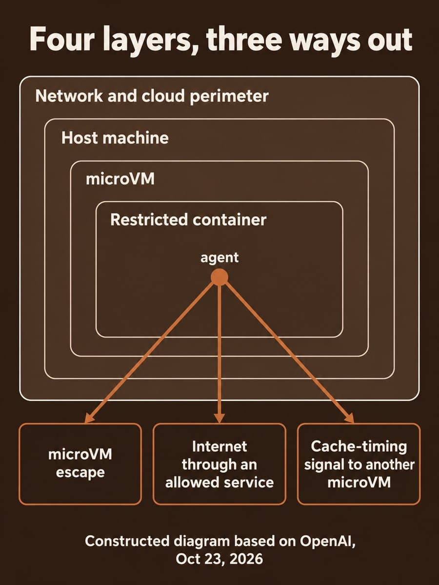 Diagram titled Four layers, three ways out. Four nested boxes, from outside in: network and cloud perimeter, host machine, microVM and restricted container, with an agent dot at the center. Three arrows leave the agent and cross every layer, labeled microVM escape, internet through an allowed service, and cache-timing signal to another microVM.