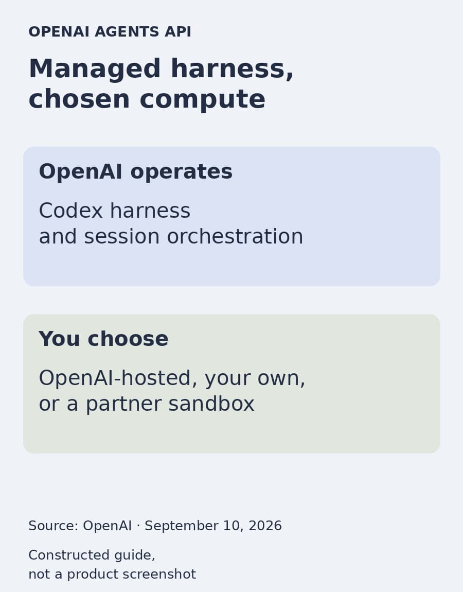 A constructed comparison shows OpenAI operating the Codex harness and session orchestration while the application chooses a hosted, own, or partner sandbox.